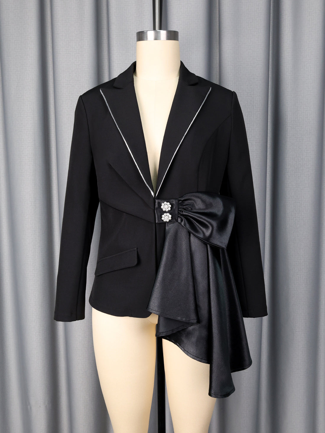 Contrast Satin Bow Rhinestone Trim Fitted Blazer Jacket — Black