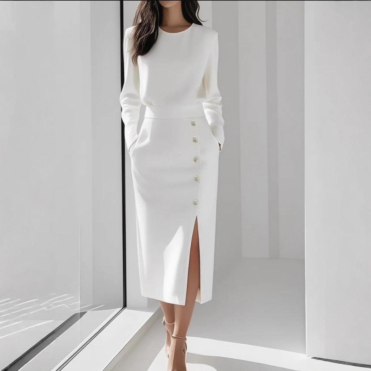 Women's Solid Long Sleeve Round Neck Waist-Cinched Button Slit Dress
