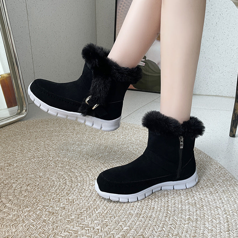 Plush-Cuff Buckle Ankle Snow Boots