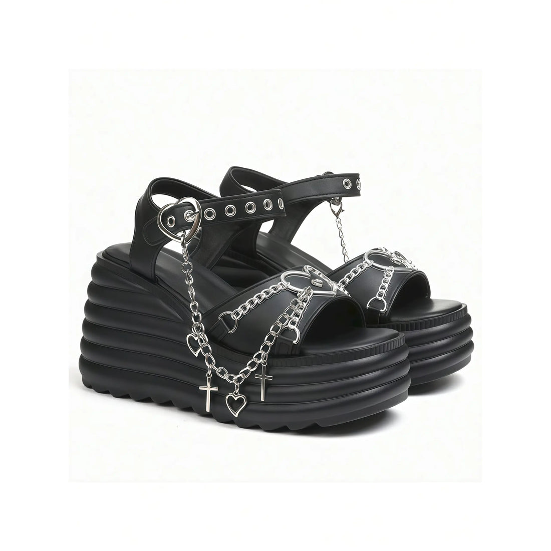Step Out in Style: Women's Gothic Platform Sandals with Cross Chain Detail - Casual Comfort Black Chunky Heel for Everyday Chic — gothic platform sandal, view 3