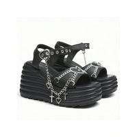 Step Out in Style: Women's Gothic Platform Sandals with Cross Chain Detail - Casual Comfort Black Chunky Heel for Everyday Chic thumbnail 3