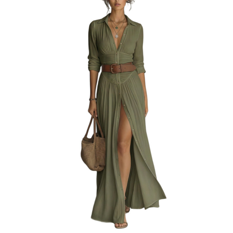 Belted Button-Down Maxi Shirt Dress