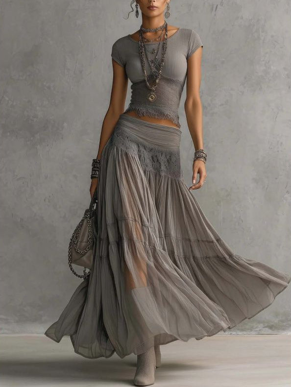 The Knitted Top Chiffon Skirt Dress — women’s Dress, ENIGMAE