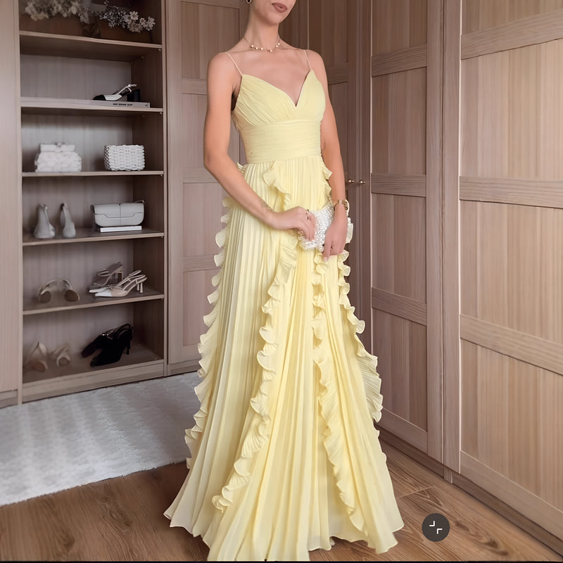 Lemon Ruffle Pleated Maxi Dress