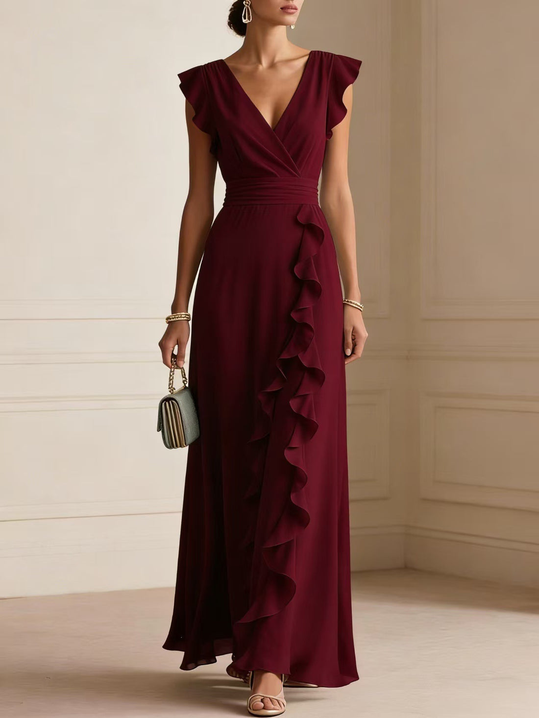 The Celeste Ruffle Maxi Dress — Wine Red