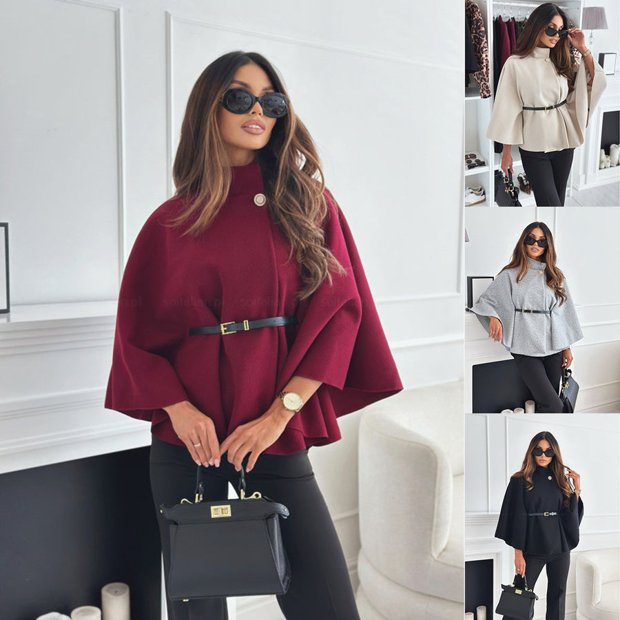 Belted Batwing Cape Coat with Stand Collar