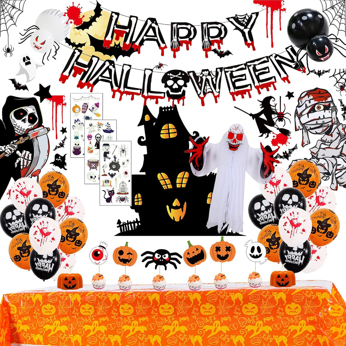 77 PCS Halloween Party Decorations Set - Halloween Balloons Fluorescent Stickers Halloween Ghost Hanging Decoration Halloween Window Clings Suitable for Outdoor and Indoor Halloween Decorations.
