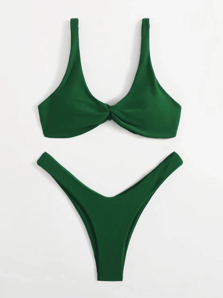 Solid Color Knotted Strap Bikini Swimsuit