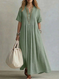 The Neck Pleated Cotton Linen Dress — women’s Dress, ENIGMAE
