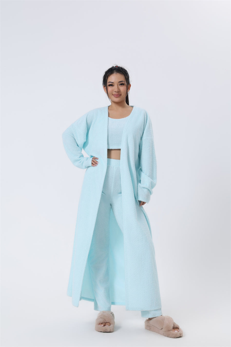 3-Piece Ribbed Knit Lounge Set with Long Cardigan