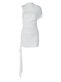 Pure Color Pure Desire High-End Slant Collar Pleated Sleeves Spliced ??Ribbon Dress