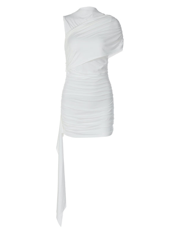 Pure Color Pure Desire High-End Slant Collar Pleated Sleeves Spliced ??Ribbon Dress