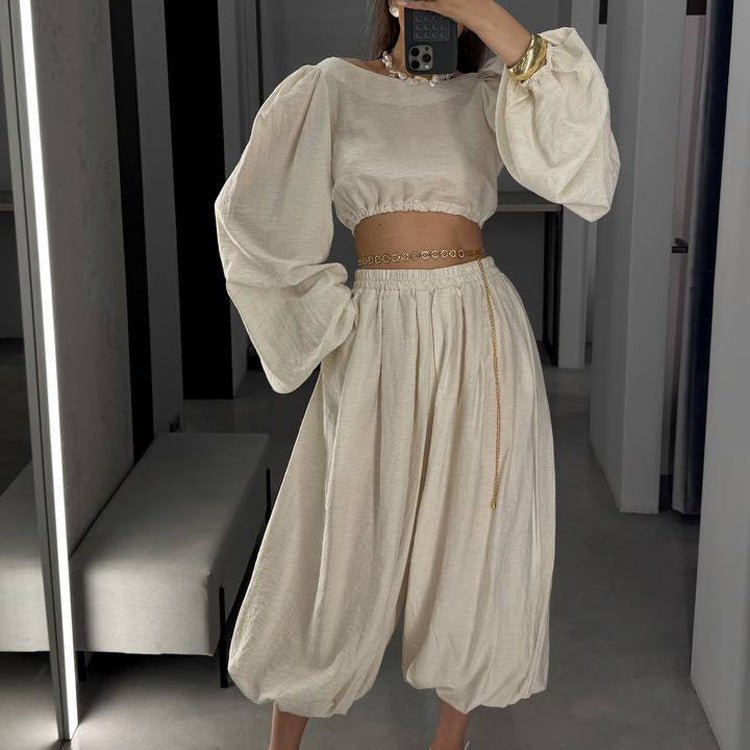 Crew Neck Long-sleeved Cropped Top And Trousers Two-piece Set — Beige