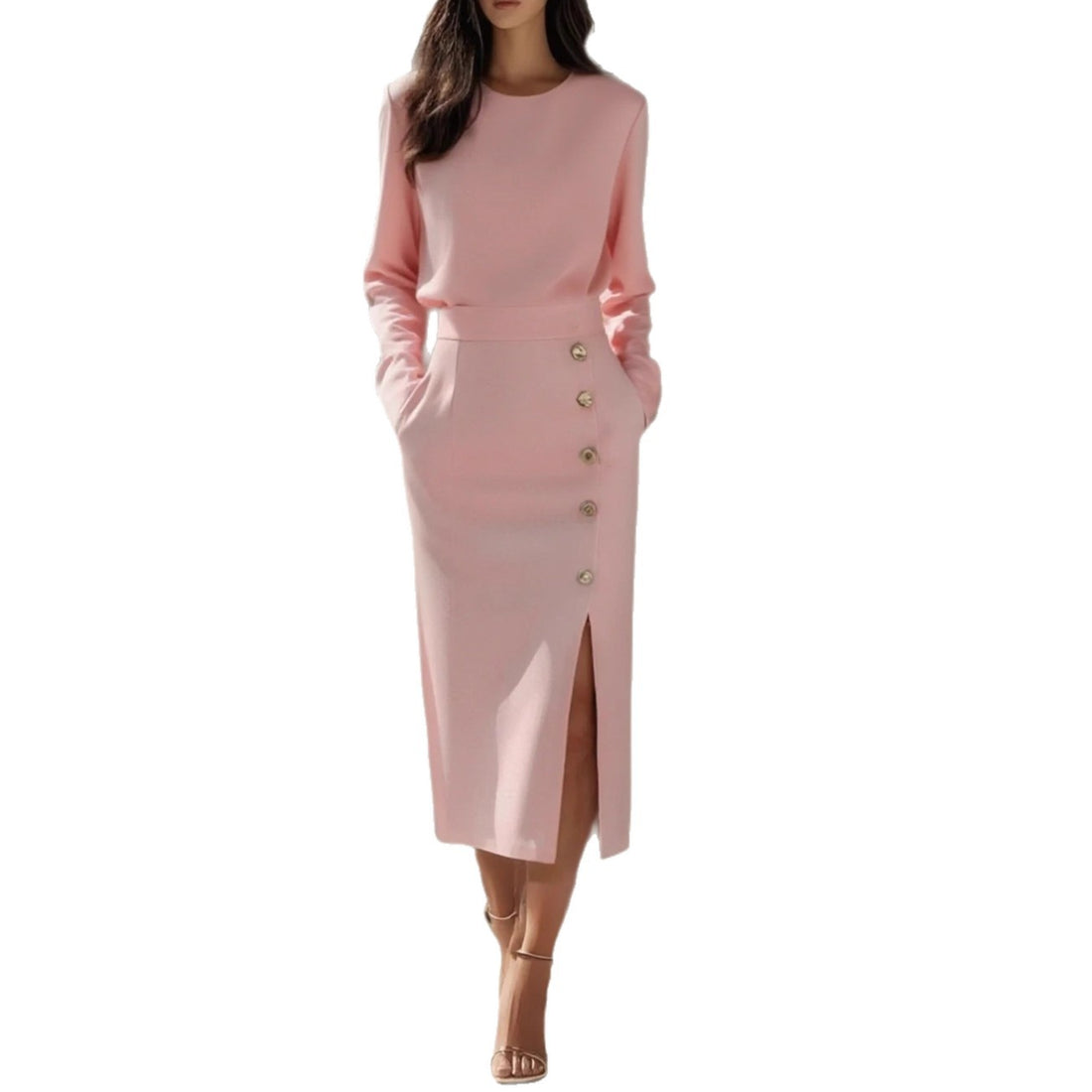 Women's Solid Long Sleeve Round Neck Waist-Cinched Button Slit Dress