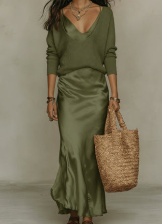 Women's Chic Satin Maxi Dress 2 Pieces Sets Sexy Straps Sleeveless Long Sleeve Top Evening Dresses Elegant New Party Street Gown — Green