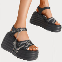 Step Out in Style: Women's Gothic Platform Sandals with Cross Chain Detail - Casual Comfort Black Chunky Heel for Everyday Chic thumbnail 6
