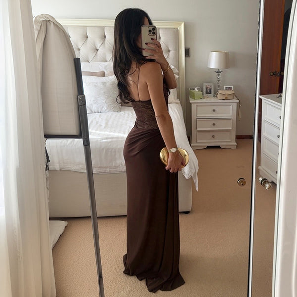 Women Solid Color Spaghetti Strap Lace Slim Fit Patchwork Dress