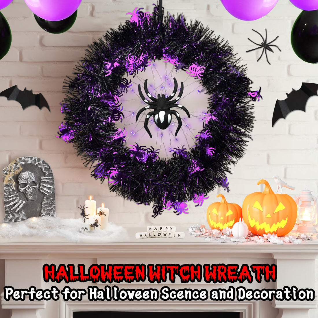 Halloween Wreath Halloween Spider Decorations Wreath with Lights, Halloween Spider Garland LED Halloween Door Wreath for Halloween Party, Halloween Decorations Outdoor Indoor Wall and Window