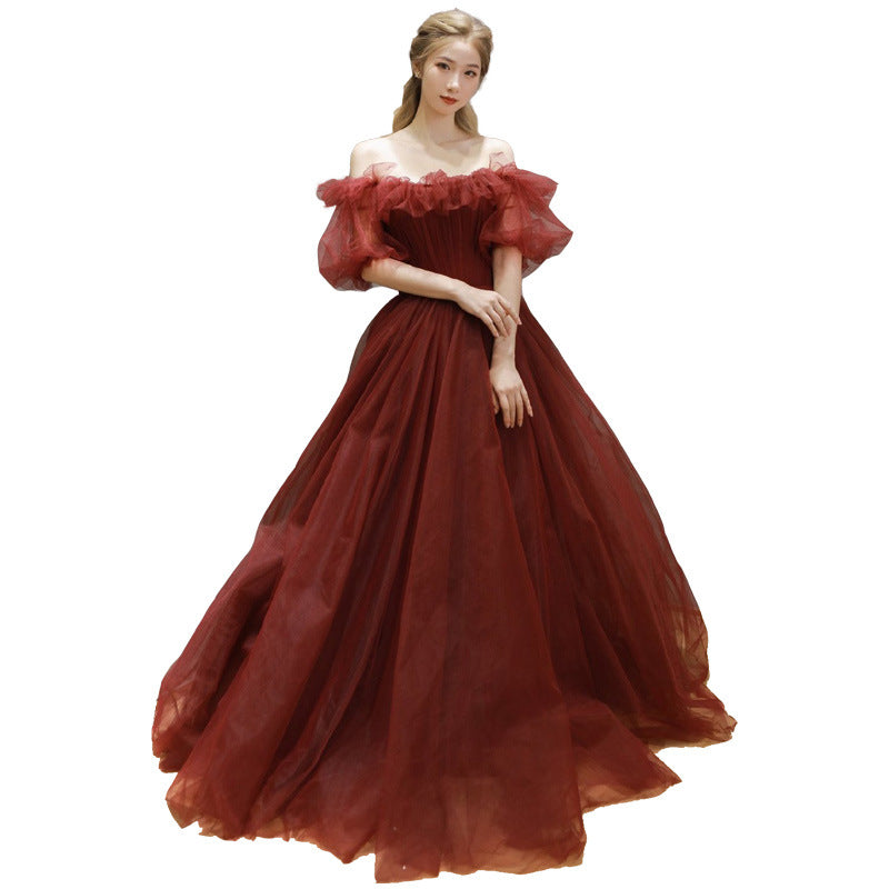 Crimson Tulle Off-Shoulder Ball Gown