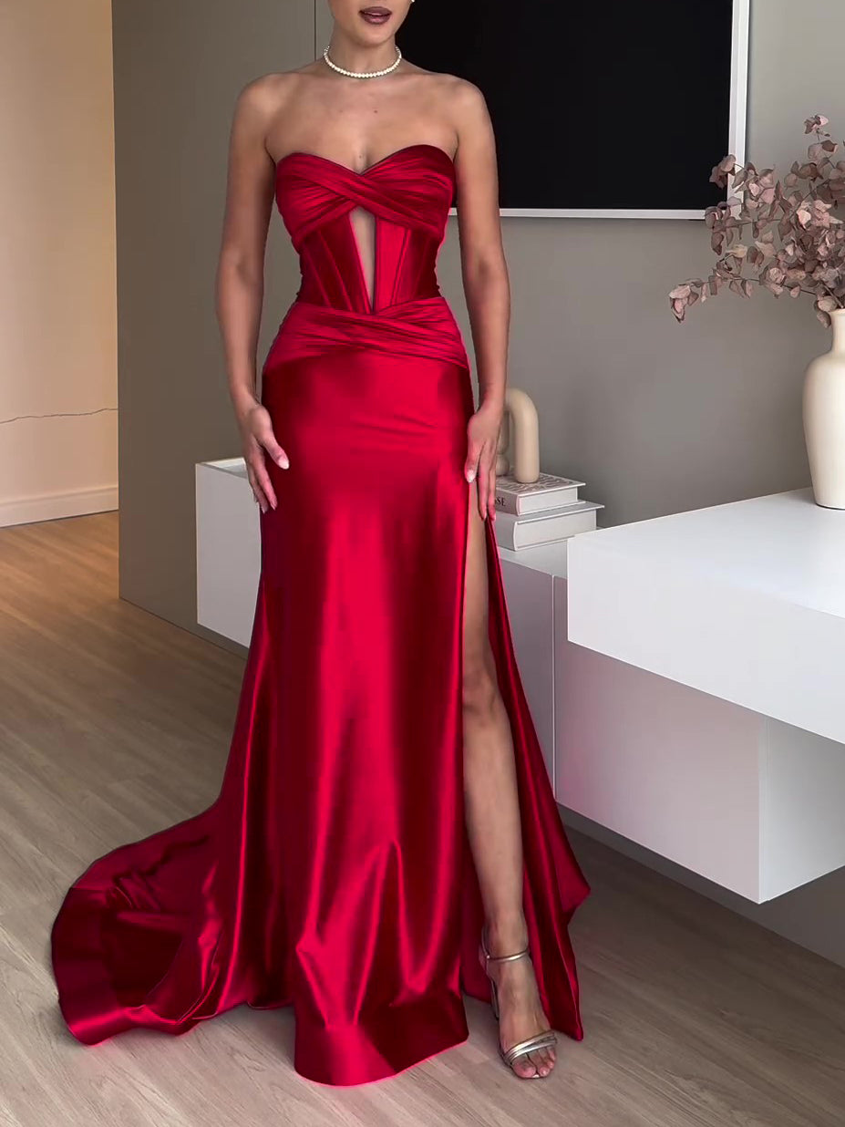 Tube Top Slit Red Extra Long Evening Dress — Red