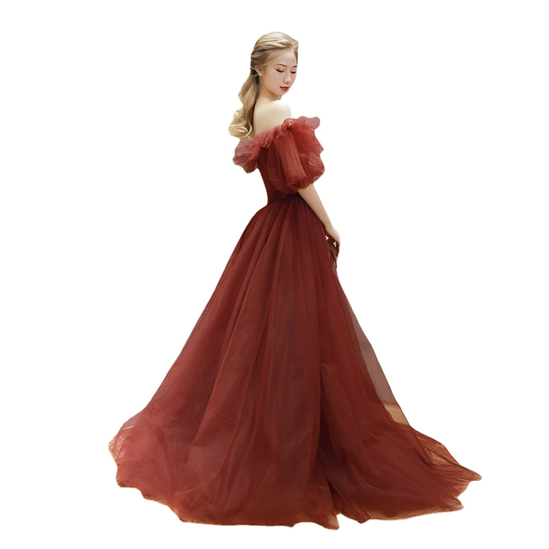 Crimson Tulle Off-Shoulder Ball Gown