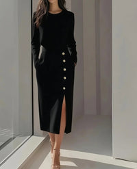 Women's Solid Long Sleeve Round Neck Waist-Cinched Button Slit Dress
