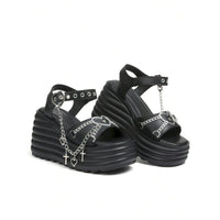 Step Out in Style: Women's Gothic Platform Sandals with Cross Chain Detail - Casual Comfort Black Chunky Heel for Everyday Chic thumbnail 2