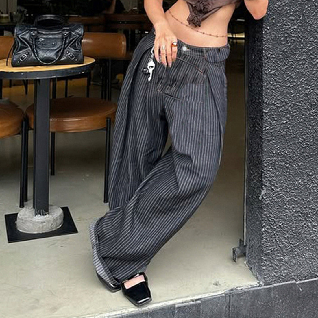 Retro Washed Scimitar Jeans Street Style Loose Wide Leg Pants