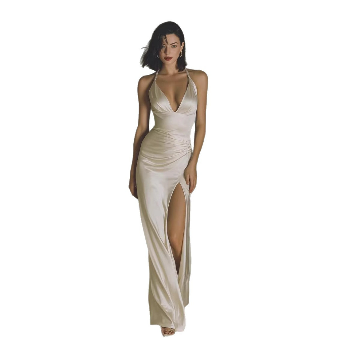 Plunge Halter Satin Slit Gown