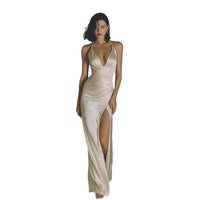 Plunge Halter Satin Slit Gown