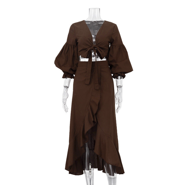 Front Tie Puff Sleeve Crop Top & High Waist Split Ruffle Maxi Skirt 2-Piece Vacation Set — Brown