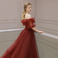 Crimson Tulle Off-Shoulder Ball Gown