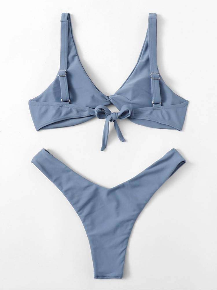 Solid Color Knotted Strap Bikini Swimsuit