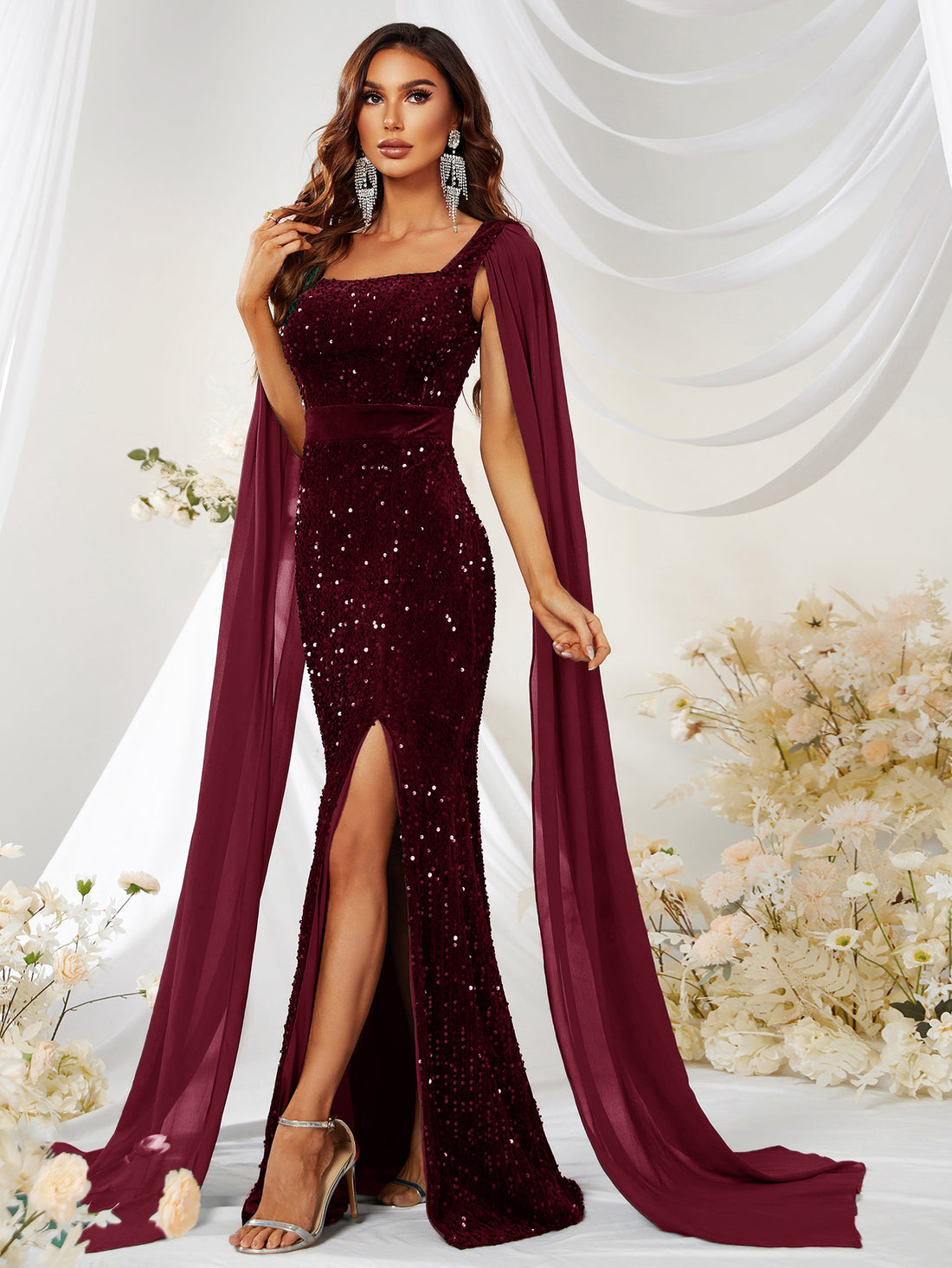 Velvet Sequin Cape-Sleeve Gown