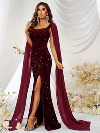 Velvet Sequin Cape-Sleeve Gown