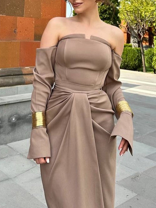 Draped Satin Off-Shoulder Maxi Dress