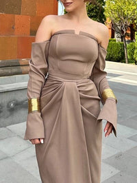 Draped Satin Off-Shoulder Maxi Dress