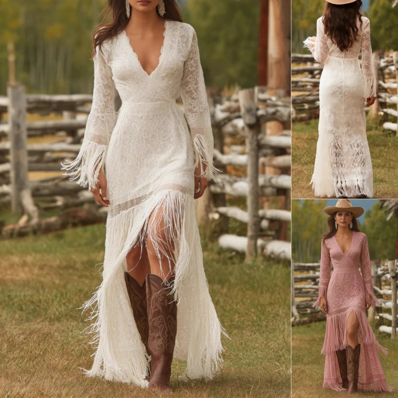 White Lace Fringe Maxi Dress