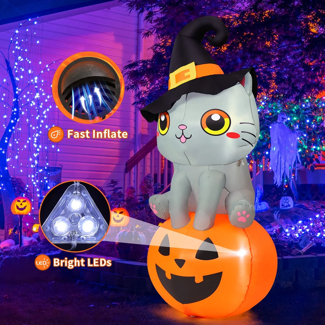 Halloween Inflatable 6 FT Inflatable Halloween Cat Sitting on Pumpkin, Halloween Inflatable Cat Pumpkin with LED Lights, Funny Outdoor Halloween Decorations for Halloween/Holiday/Party