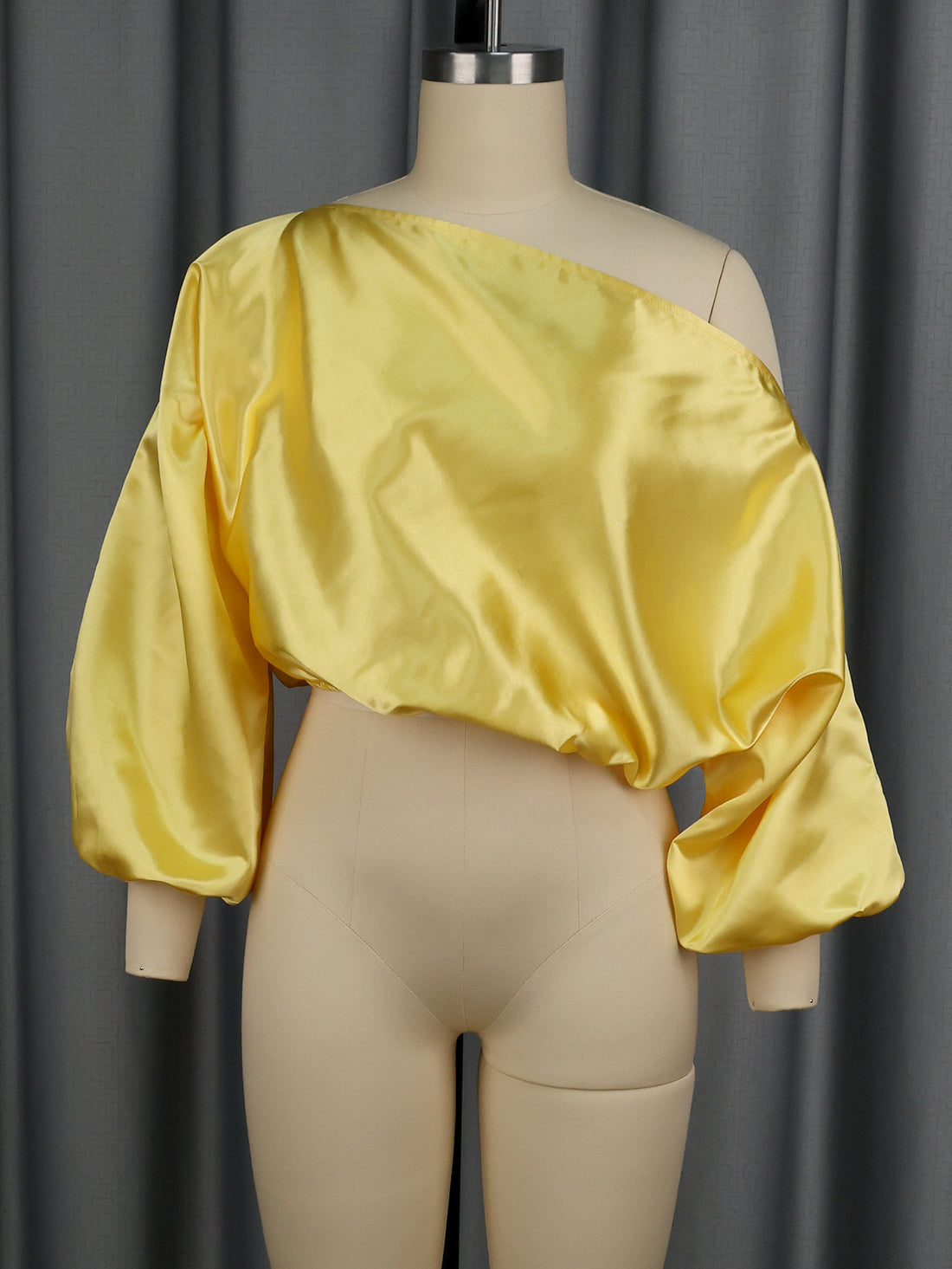 One Shoulder Balloon Puff Sleeve Cropped Blouse — Yellow