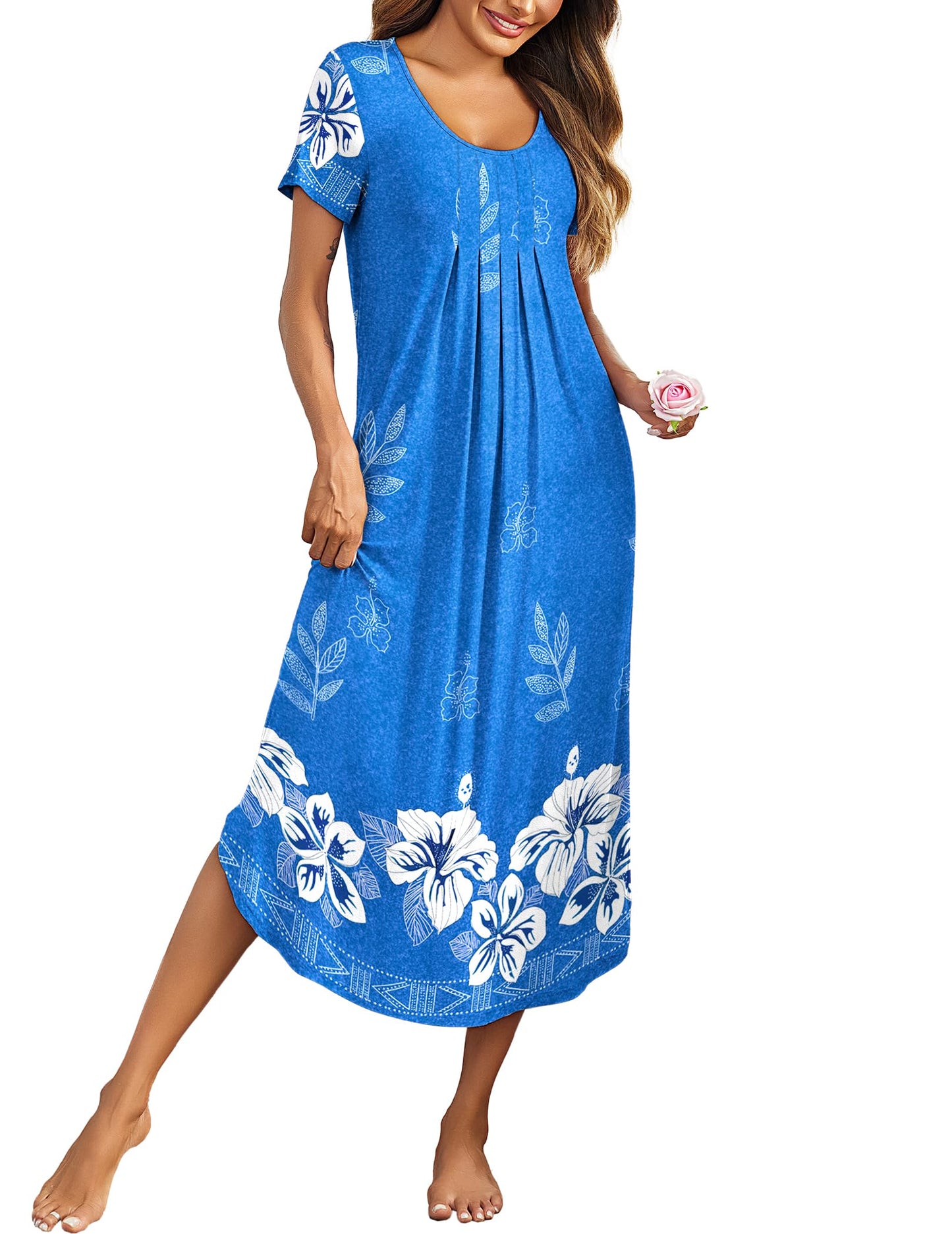 Ekouaer House Dresses for Women Moo Moo Nightgown Short Sleeve Mumu Dress Lounge Dress Blue Flowers 4XL