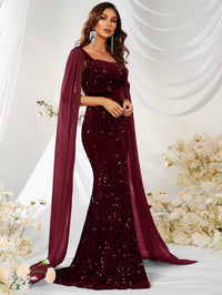 Velvet Sequin Cape-Sleeve Gown