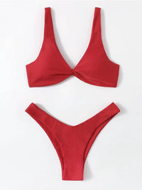 Solid Color Knotted Strap Bikini Swimsuit