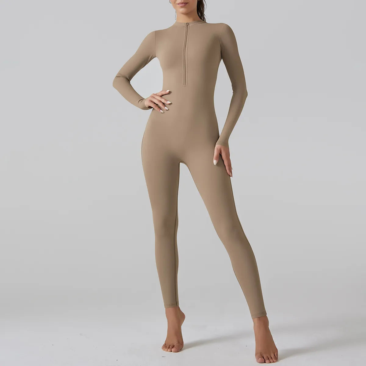 Chic Half-Zip Bodycon Jumpsuit in Cocoa — Front View | Enigmae