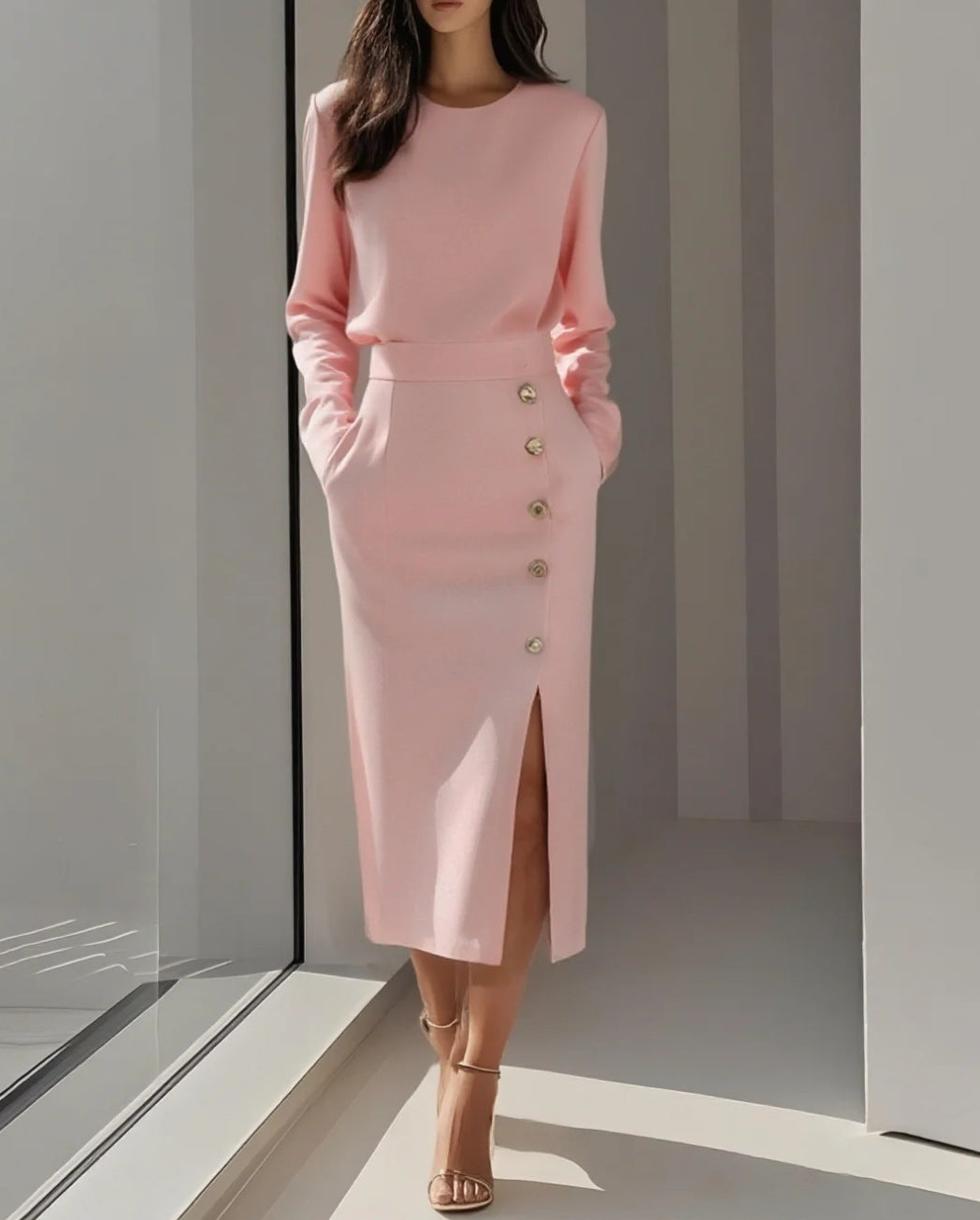 Women's Solid Long Sleeve Round Neck Waist-Cinched Button Slit Dress