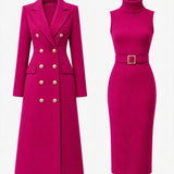 Rose red double-breasted long coat and sleeveless belted knit midi dress laid side by side