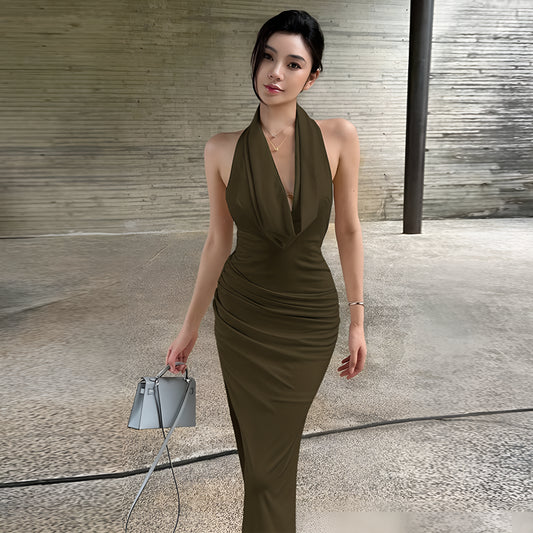 Cowl Halter Backless Maxi Dress