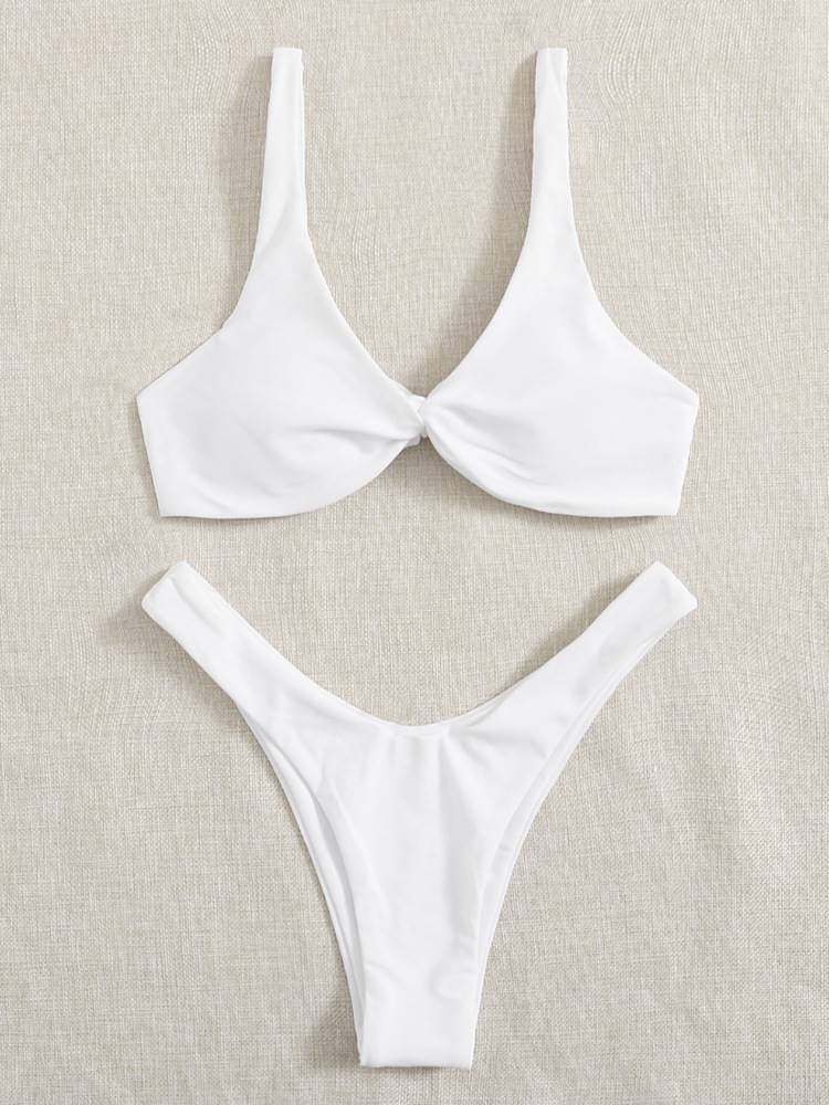 Solid Color Knotted Strap Bikini Swimsuit