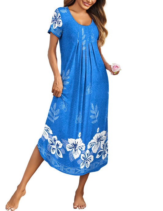 Ekouaer House Dresses for Women Moo Moo Nightgown Short Sleeve Mumu Dress Lounge Dress Blue Flowers 4XL