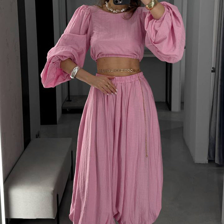 Crew Neck Long-sleeved Cropped Top And Trousers Two-piece Set — Pink